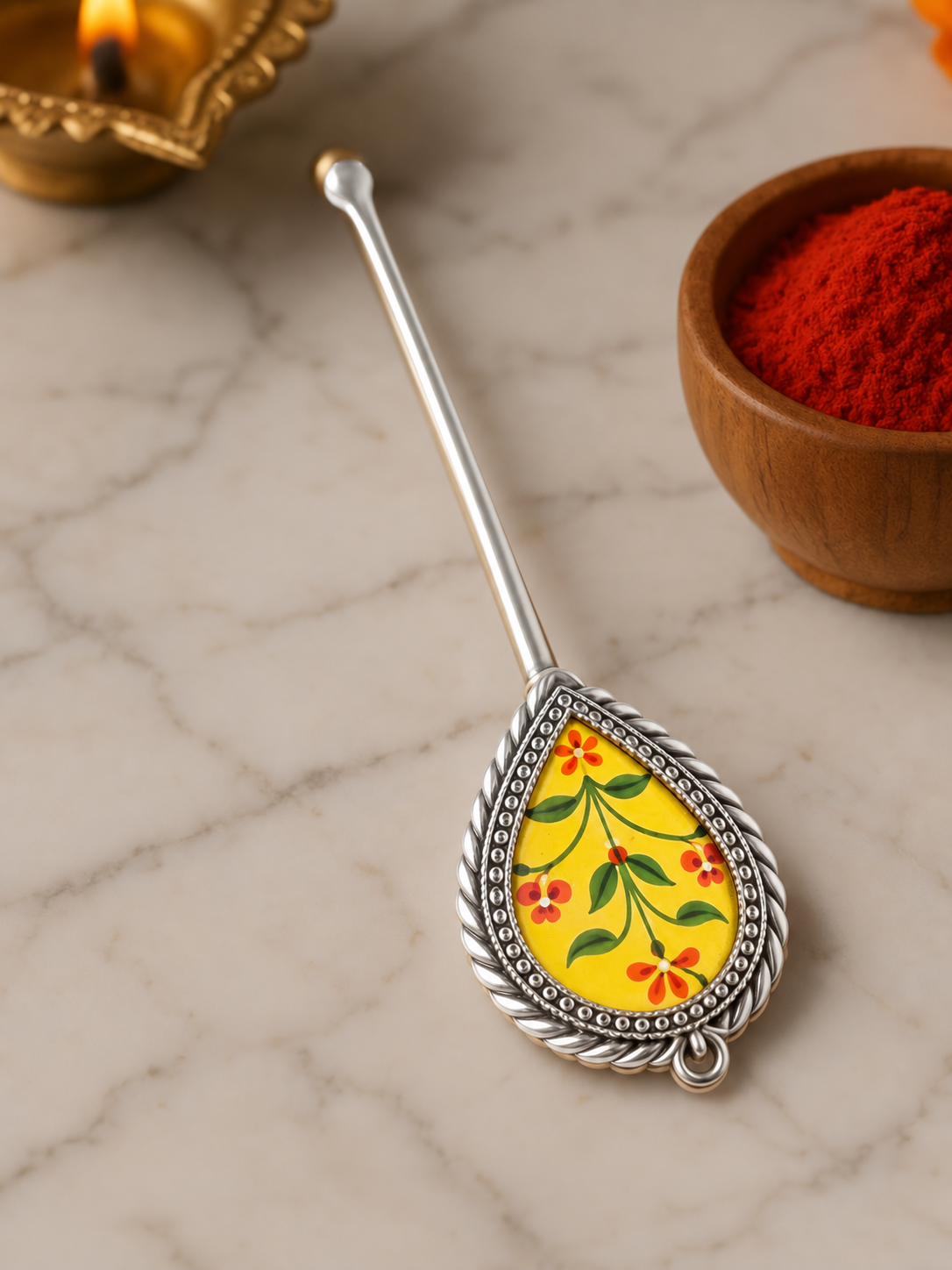 Pure Silver Hand-painted Pear Shaped Antique Pooja tilakstick