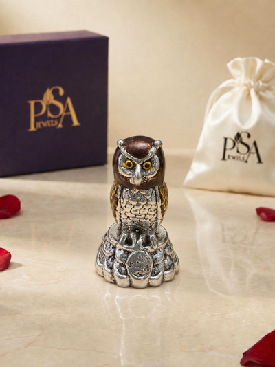 Pure 999 Silver Enamel Wisdom Owl Idol on Coin Base