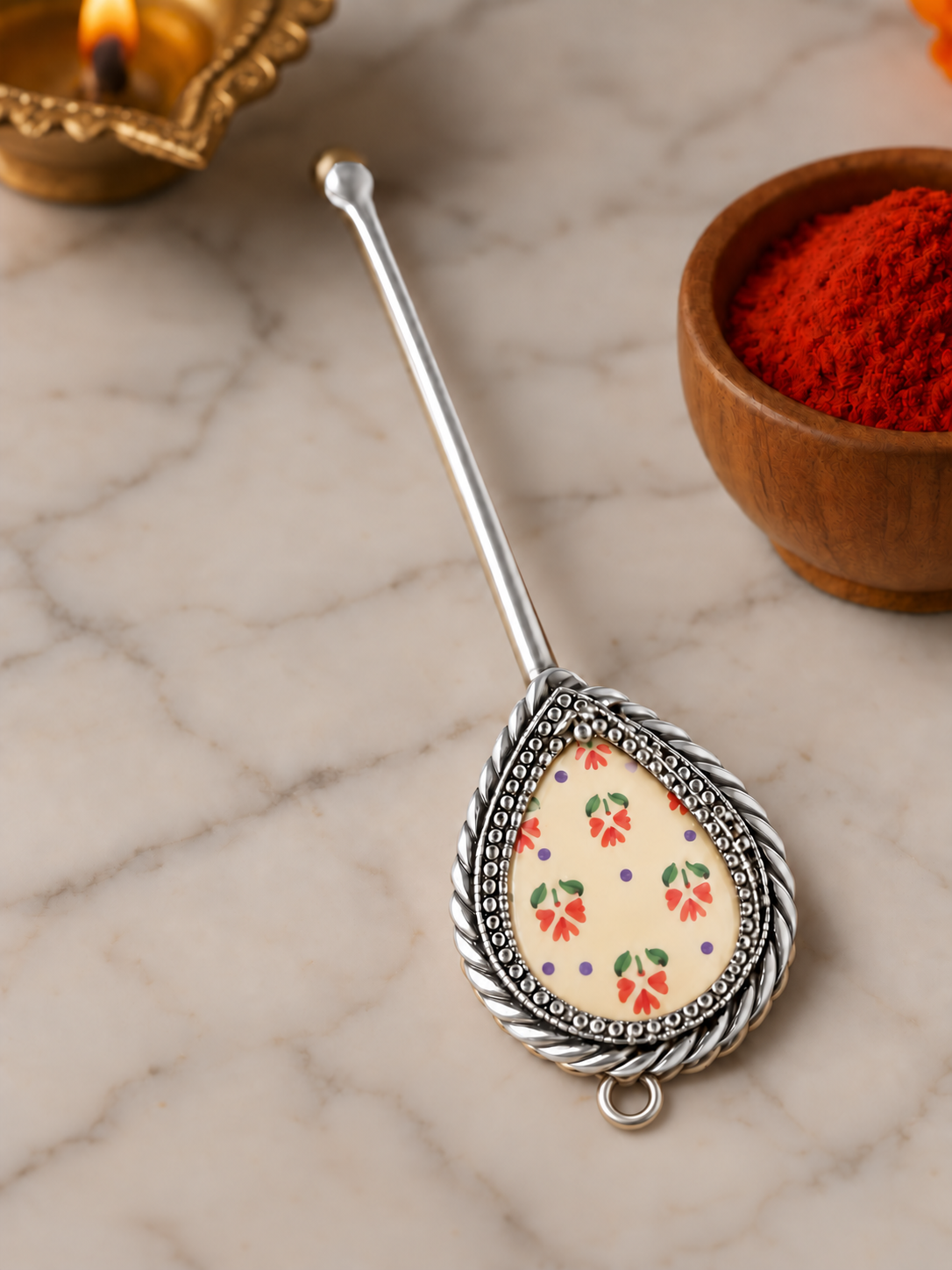 Pure Silver Hand-painted Pear Shaped Antique Pooja tilakstick