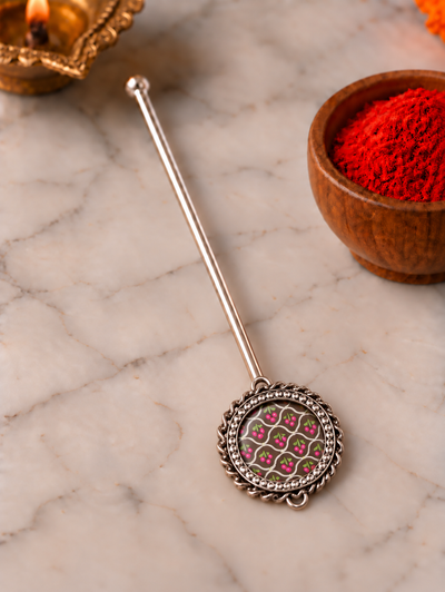 Pure Silver Hand-painted Circle Shaped Antique Pooja tilakstick