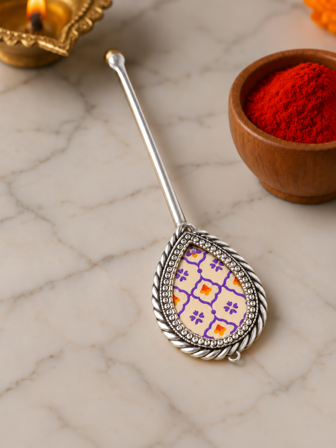 Pure Silver Hand-painted Pear Shaped Antique Pooja tilakstick