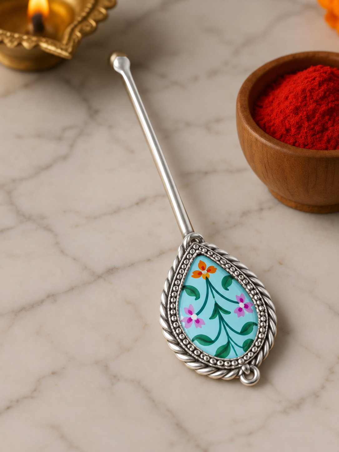 Pure Silver Hand-painted Pear Shaped Antique Pooja tilakstick