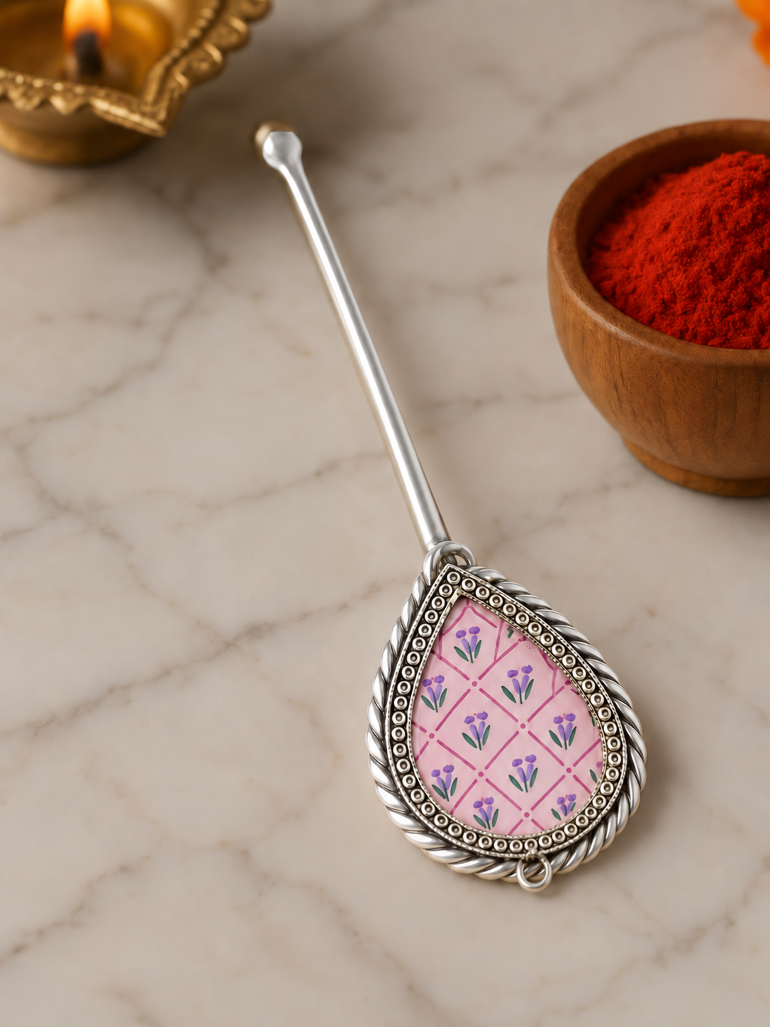 Pure Silver Hand-painted Pear Shaped Antique Pooja tilakstick