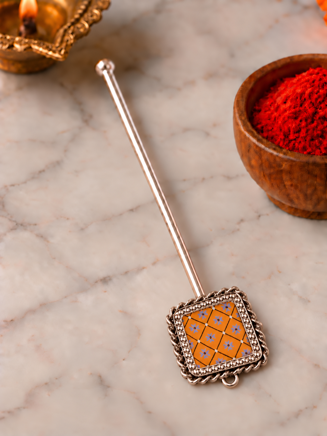 Pure Silver Hand-painted Square Shaped Antique Pooja tilakstick