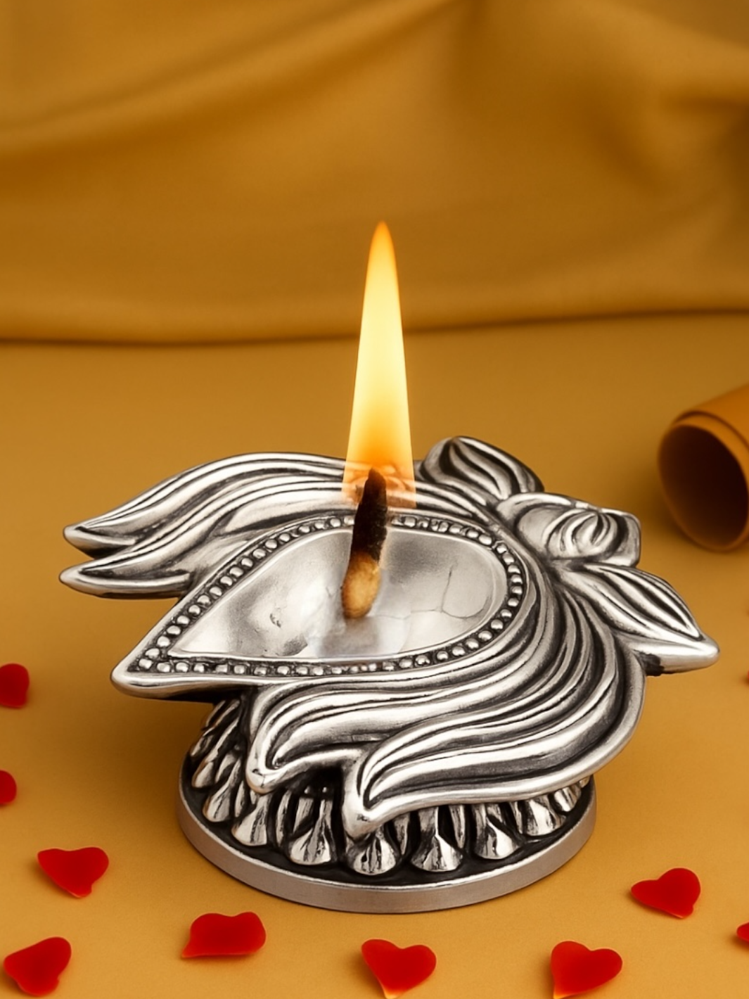 Pure Silver Antique Finish Lotus Carved Deepam