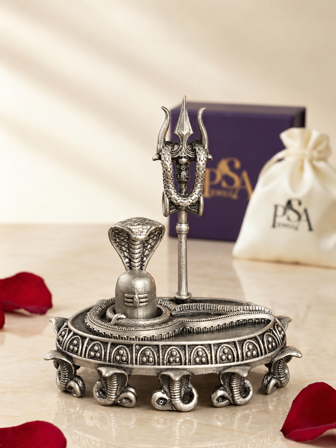 Pure 925 Silver Antique-Finish Naag Shivling with Trishul
