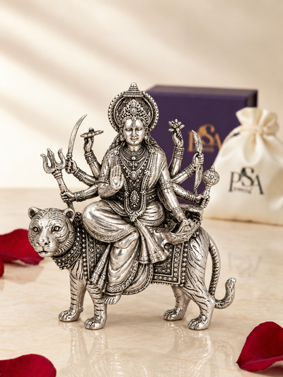 Pure 925 Silver Antique-Finish Ambe Maa Idol Seated on Tiger