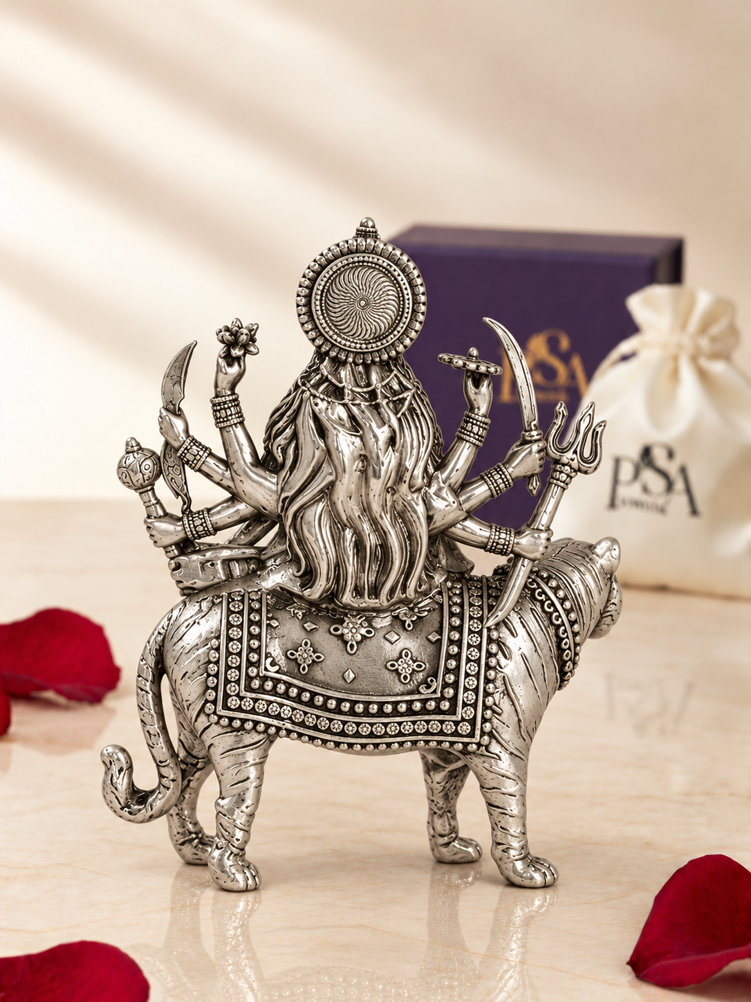 Pure 925 Silver Antique-Finish Ambe Maa Idol Seated on Tiger