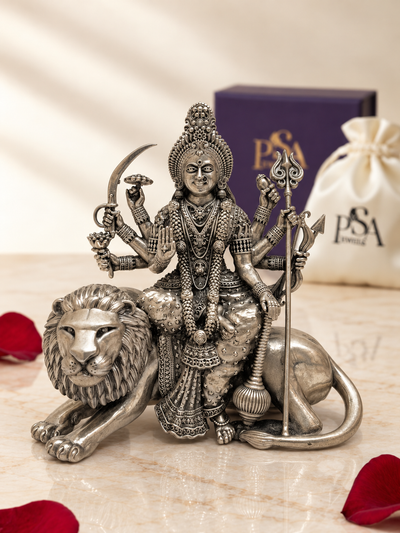 Pure 925 Silver Antique-Finish Sherawali Durga Maa Idol with Lion