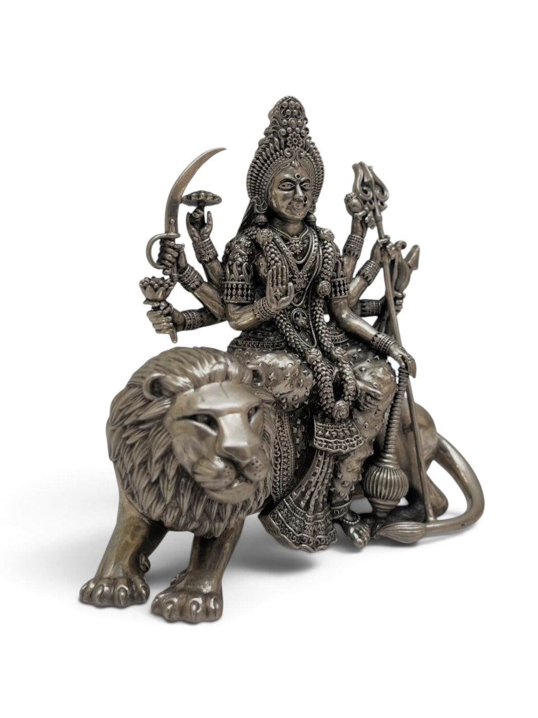 Pure 925 Silver Antique-Finish Sherawali Durga Maa Idol with Lion