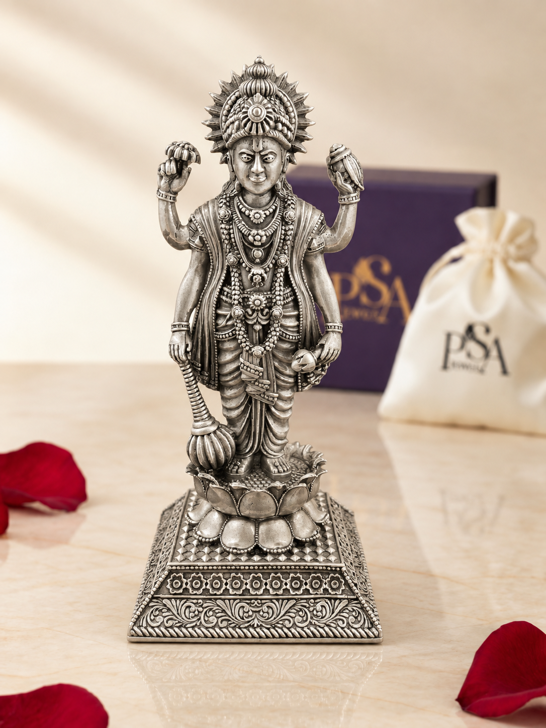 Pure 925 Silver Antique-Finish Lord Vishnu Idol on Lotus Pedestal