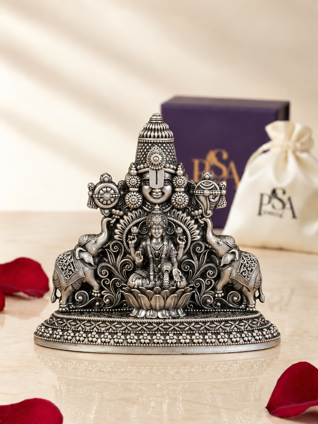 Pure 925 Silver Antique-Finish Tirupati Balaji with Lakshmi Maa & Elephant Idol in 2D