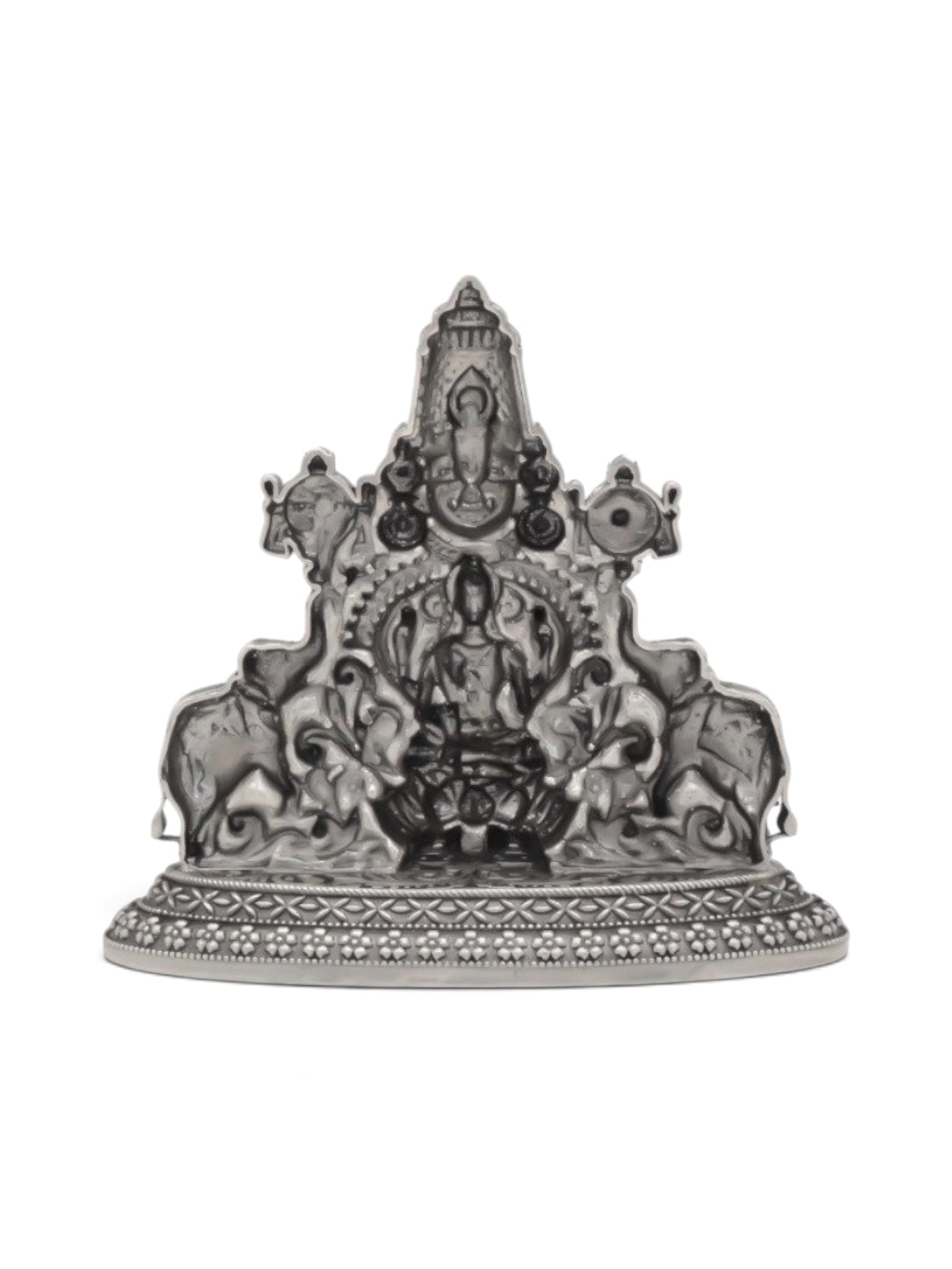 Pure 925 Silver Antique-Finish Tirupati Balaji with Lakshmi Maa & Elephant Idol in 2D