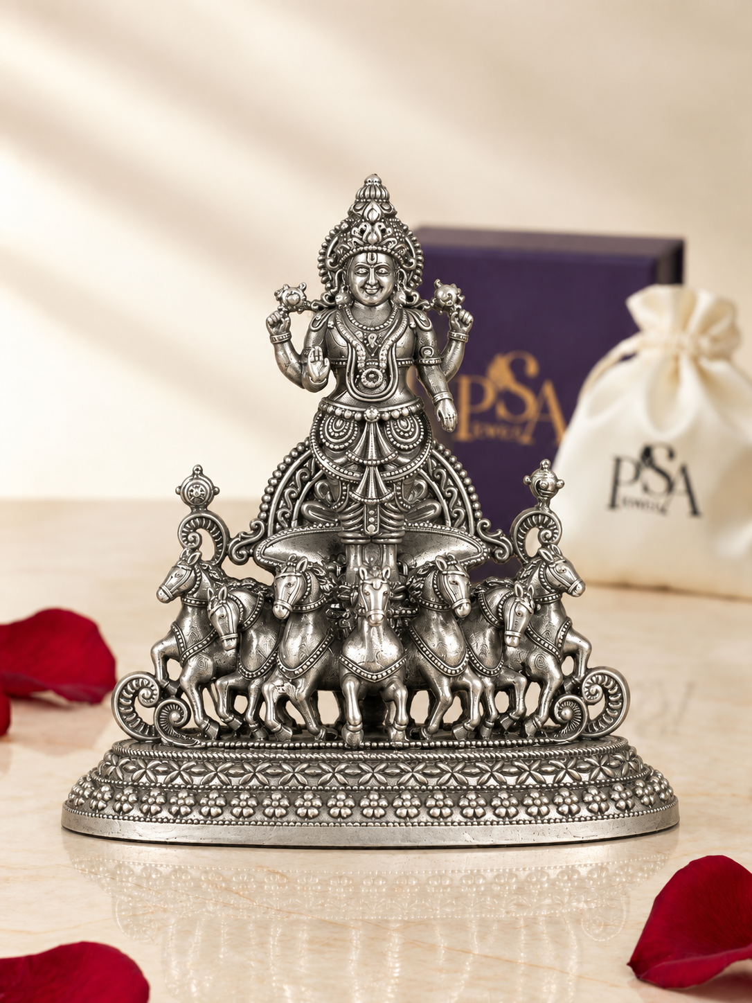 Pure 925 Silver Antique-Finish Surya Dev Seven-Horse Chariot Idol