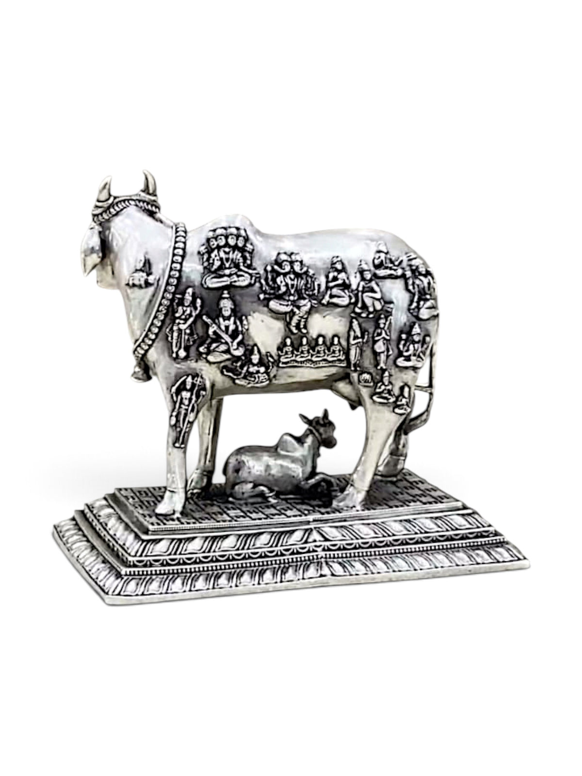 Pure 925 Silver Antique-Finish Kamdhenu Cow with Calf and Devi-Devta Idol