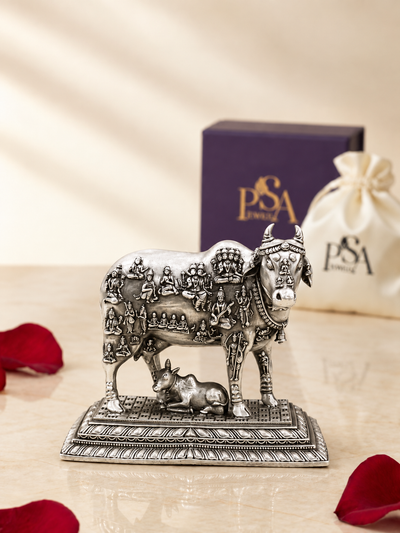 Pure 925 Silver Antique-Finish Kamdhenu Cow with Calf and Devi-Devta Idol