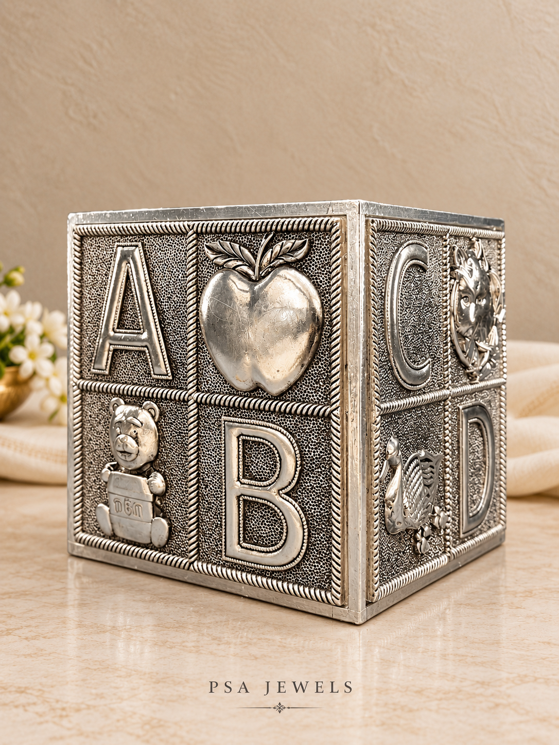 Pure 999 Antique-Finish Silver ABC Cube Piggy Bank