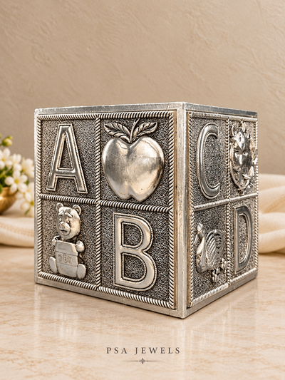 Pure 999 Antique-Finish Silver ABC Cube Piggy Bank