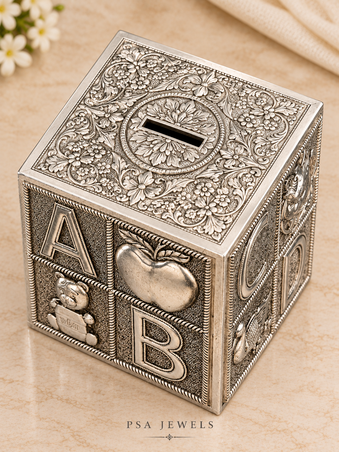 Pure 999 Antique-Finish Silver ABC Cube Piggy Bank