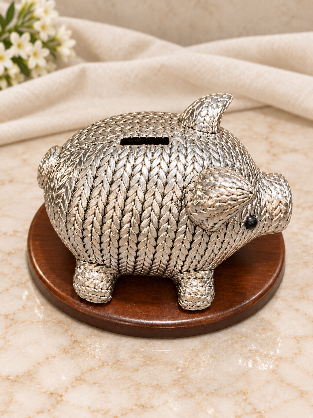 Pure 999 Antique-Finish Silver Silver Piggy Bank with Wooden Base