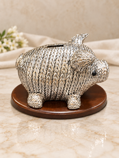 Pure 999 Antique-Finish Silver Silver Piggy Bank with Wooden Base