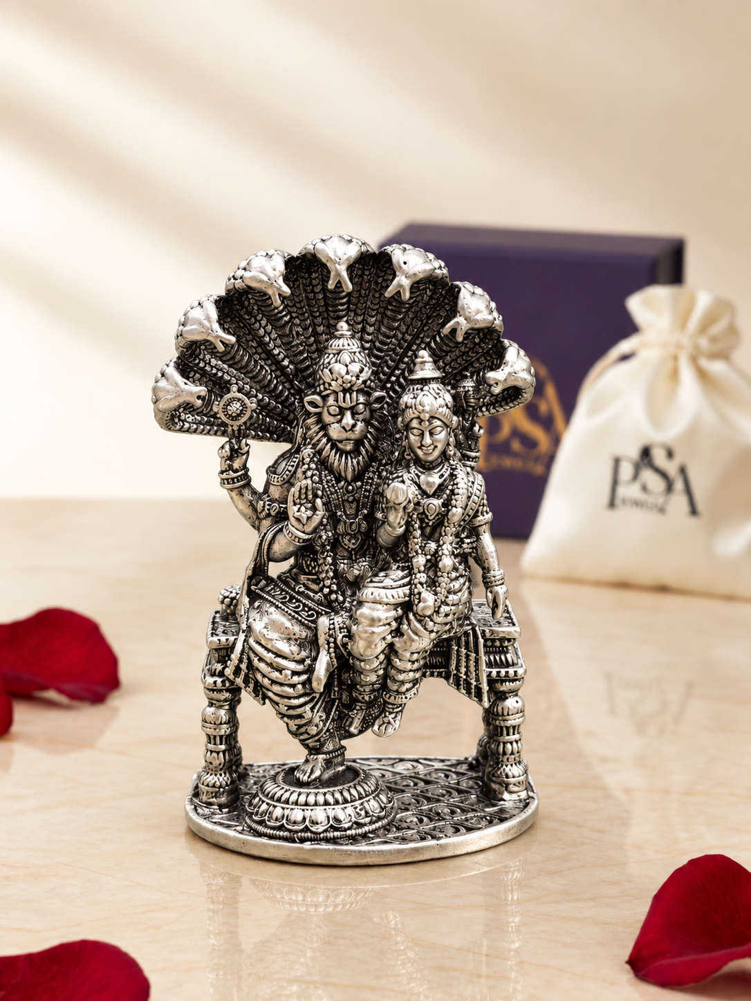Pure 925 Silver Antique-Finish Lakshmi Narasimha Idol with Seven-Hooded Sheshnag