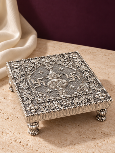 Pure 999 Silver Swastik & Kalash Design Chowki