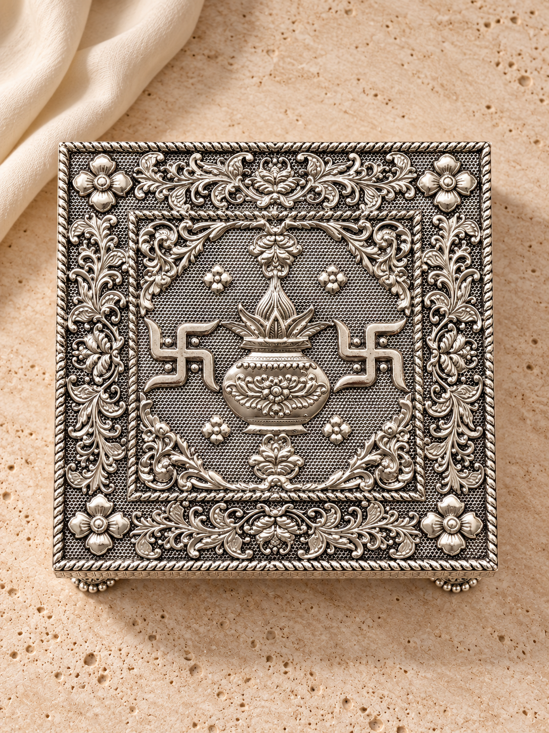 Pure 999 Silver Swastik & Kalash Design Chowki