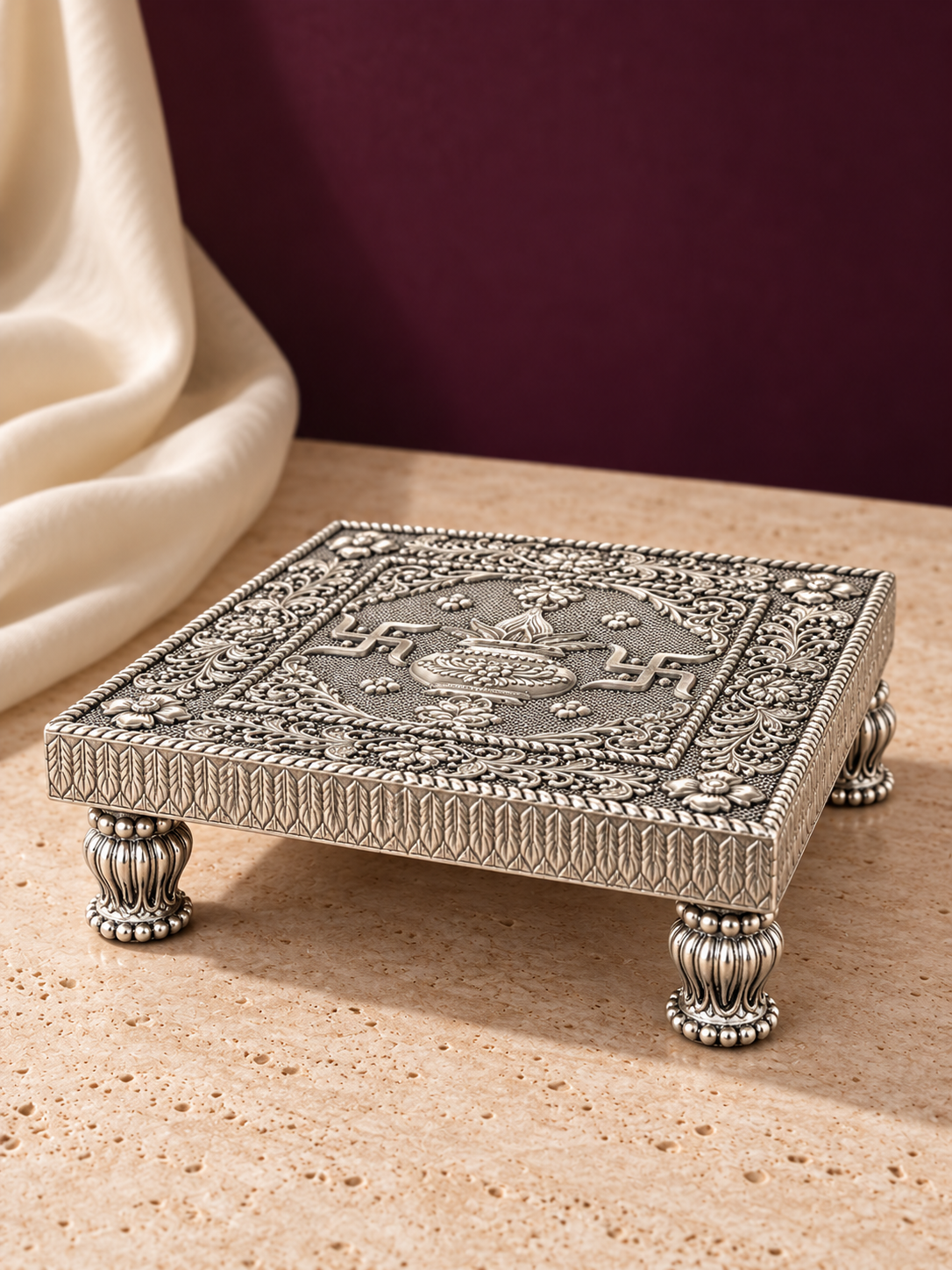 Pure 999 Silver Swastik & Kalash Design Chowki