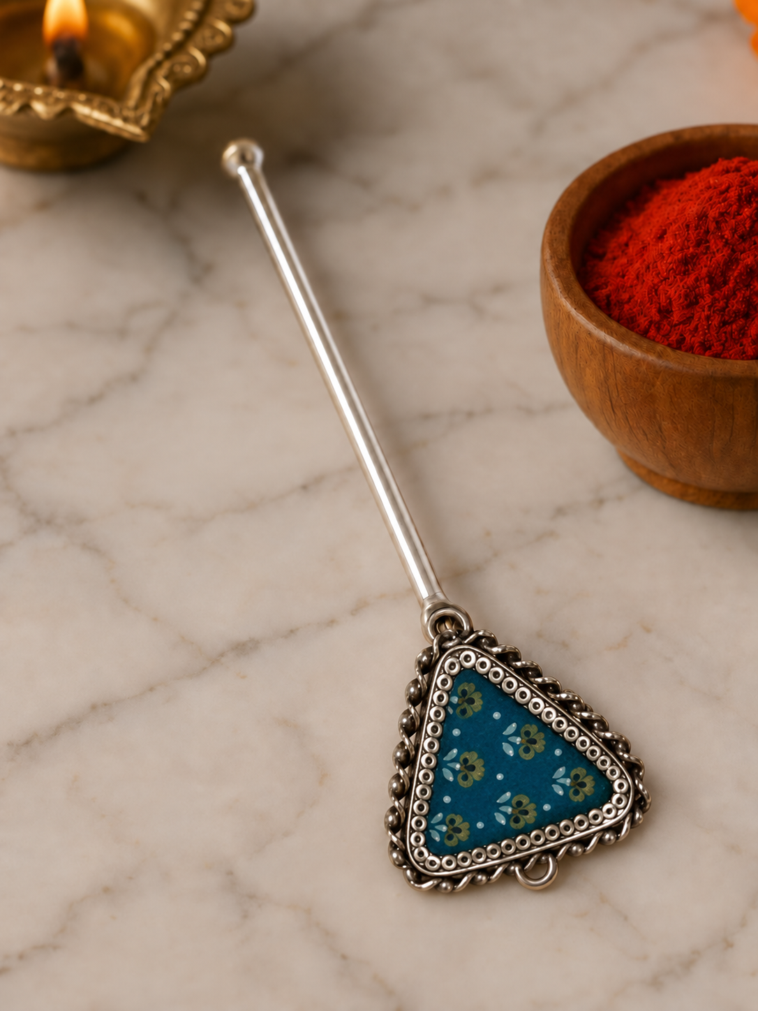 Pure Silver Hand-painted Triangular Shaped Antique Pooja tilakstick