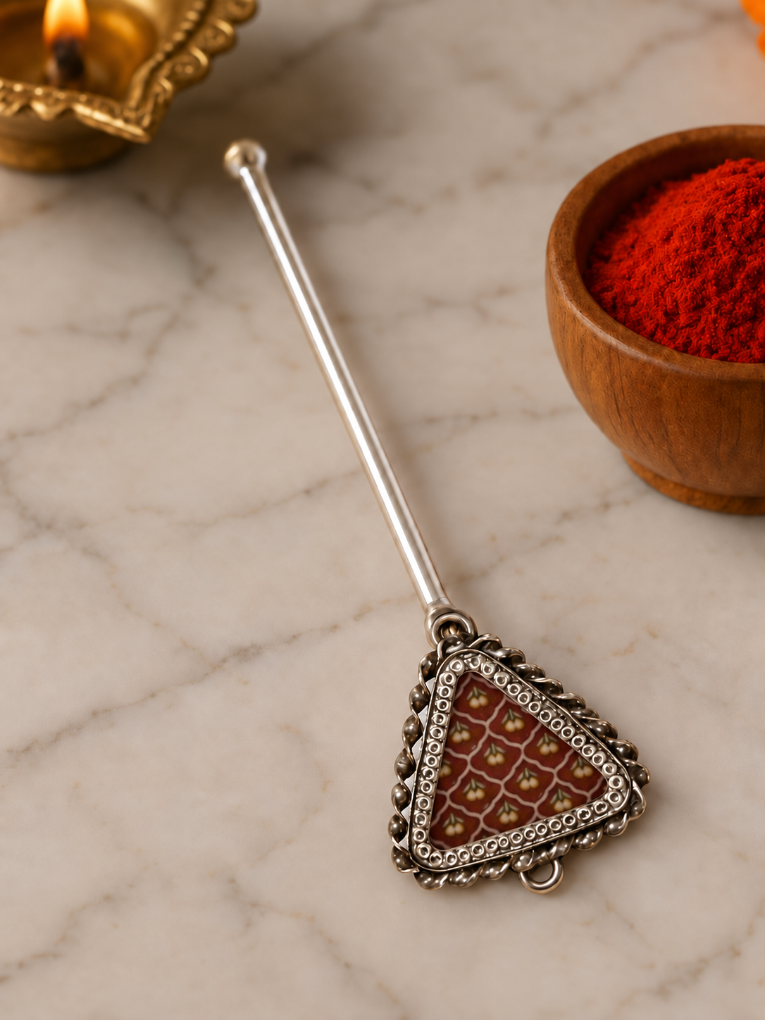 Pure Silver Hand-painted Triangular Shaped Antique Pooja tilakstick