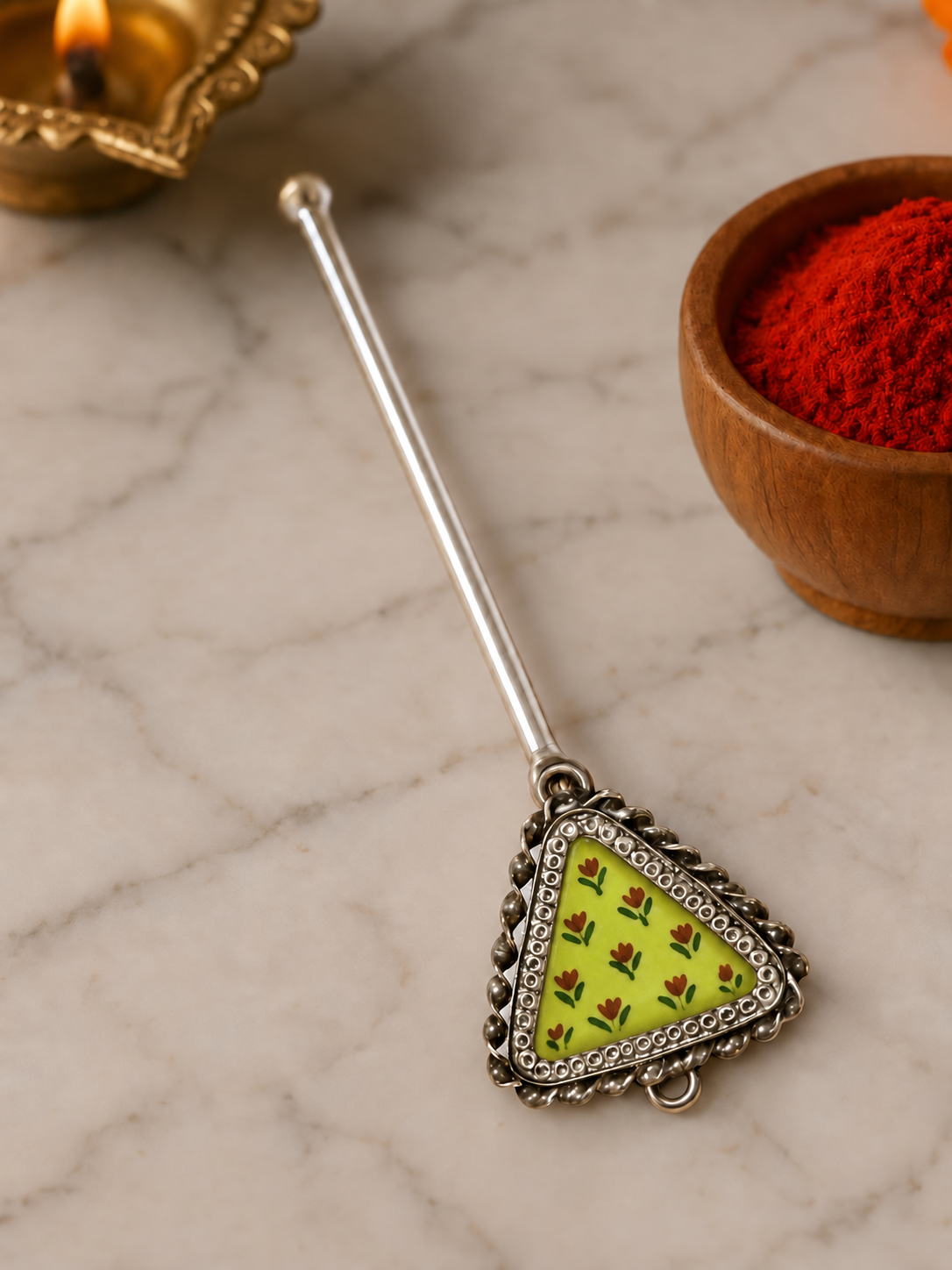 Pure Silver Hand-painted Triangular Shaped Antique Pooja tilakstick