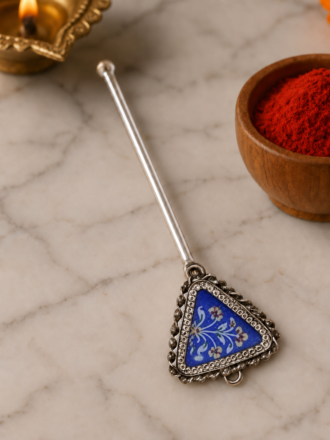 Pure Silver Hand-painted Triangular Shaped Antique Pooja tilakstick