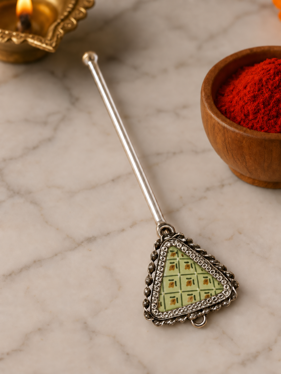 Pure Silver Hand-painted Triangular Shaped Antique Pooja tilakstick