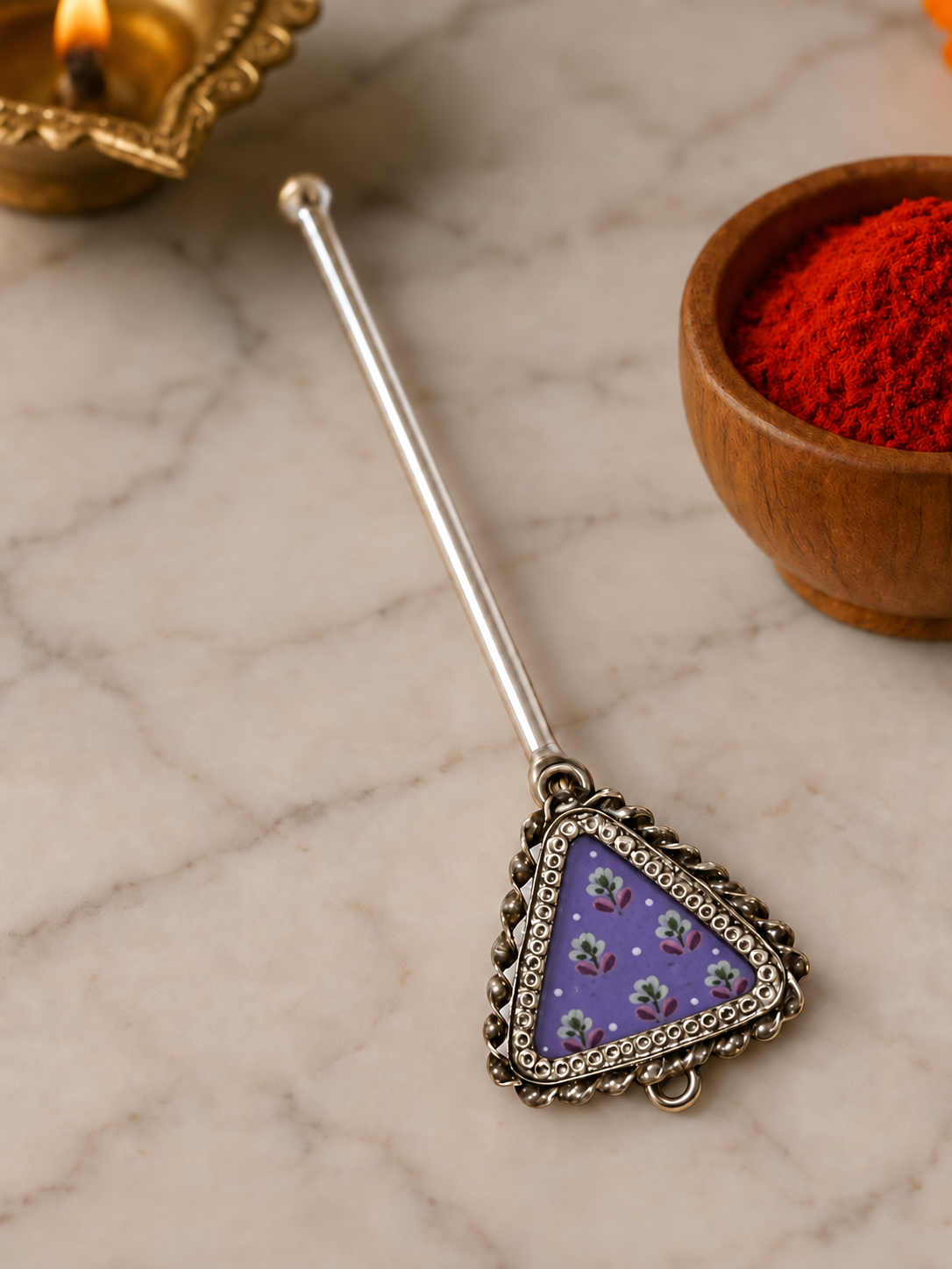Pure Silver Hand-painted Triangular Shaped Antique Pooja tilakstick