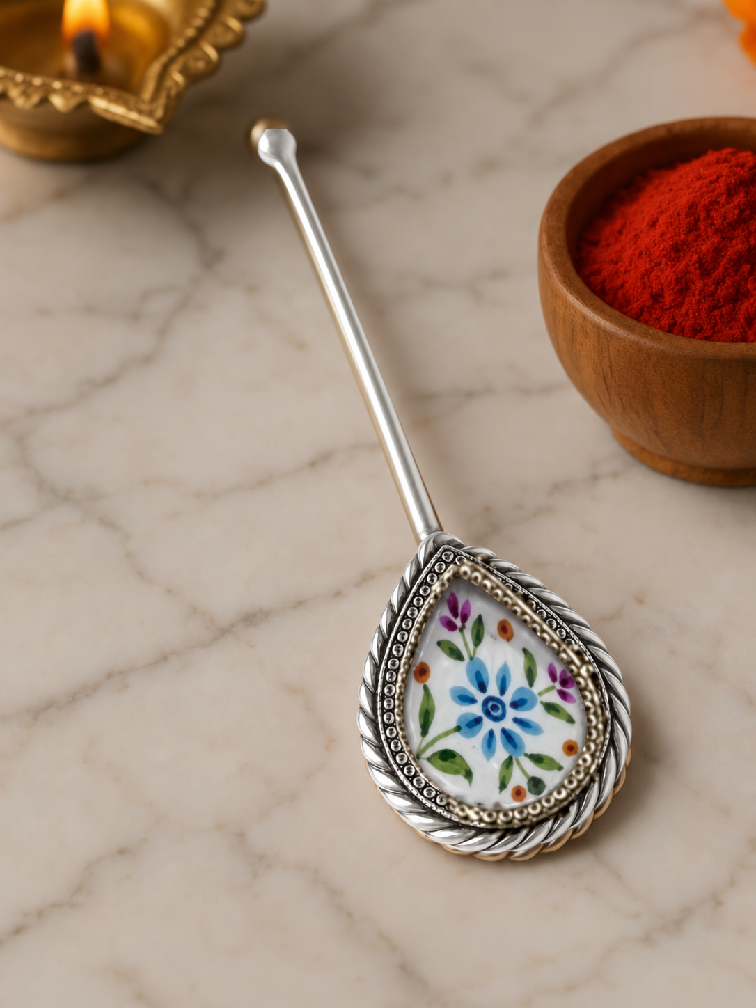 Pure Silver Hand-painted Pear Shaped Antique Pooja tilakstick