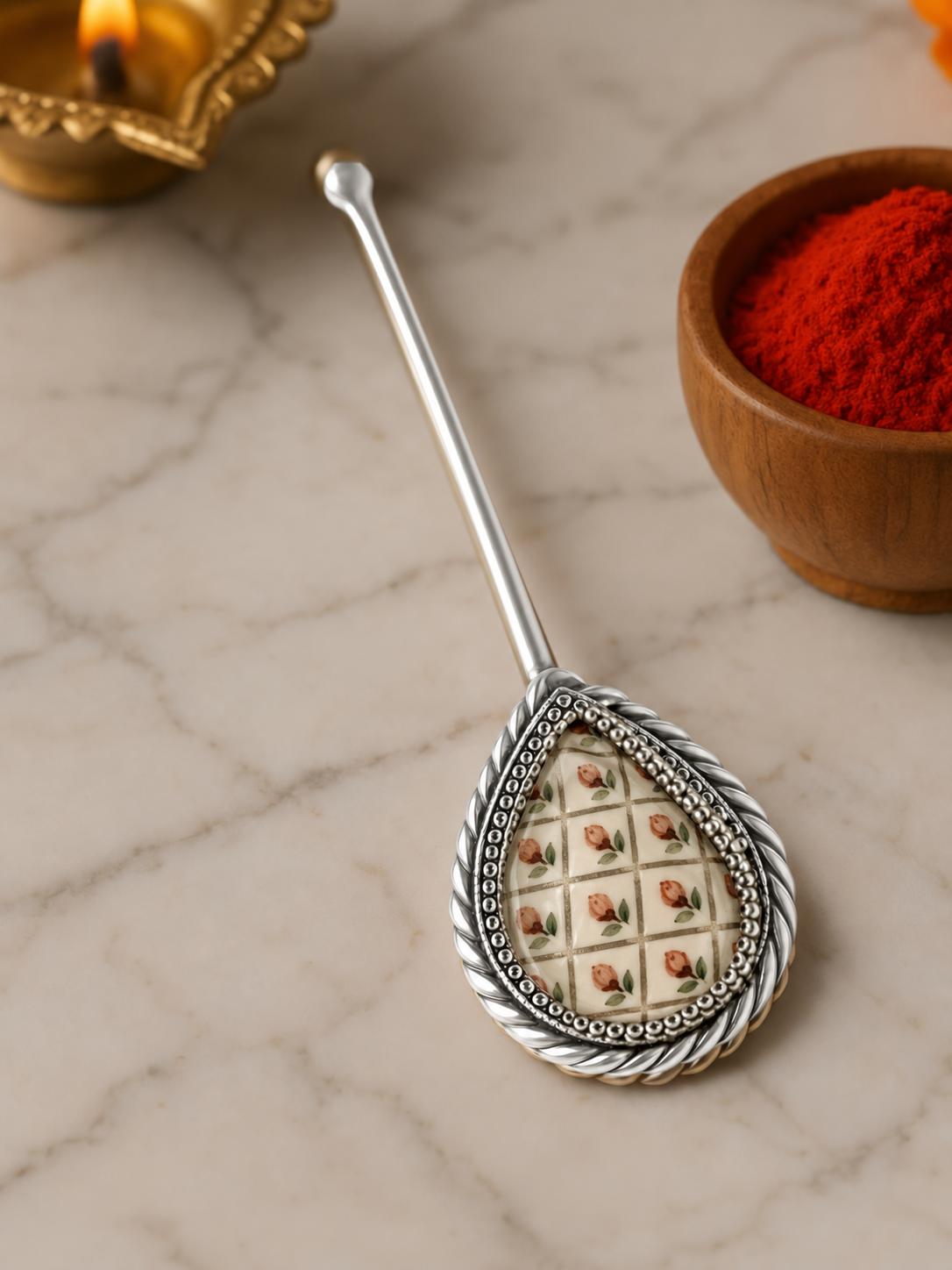Pure Silver Hand-painted Pear Shaped Antique Pooja tilakstick
