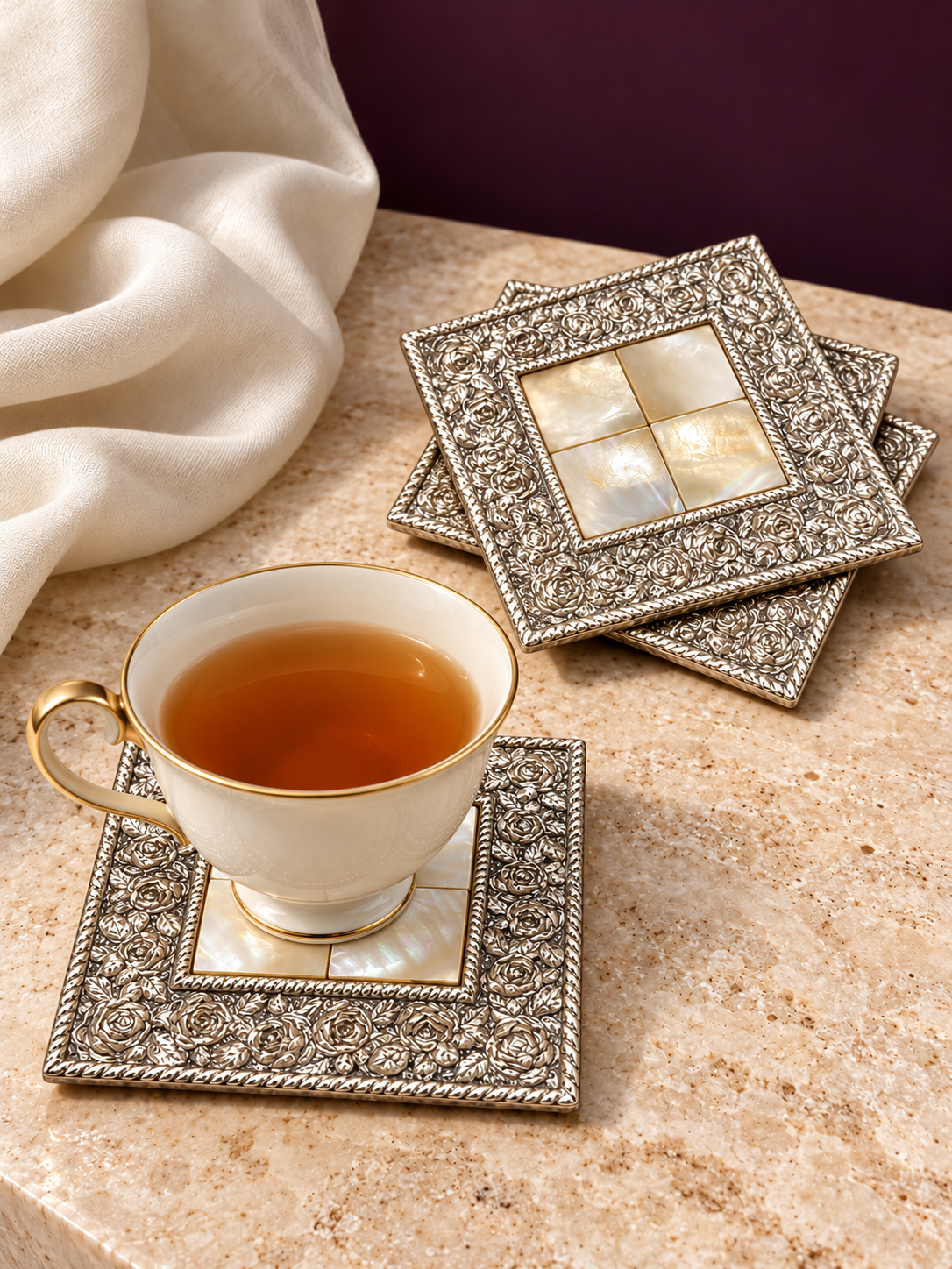 Pure 999 Silver Floral Mother of Pearl Coasters – Set of 4