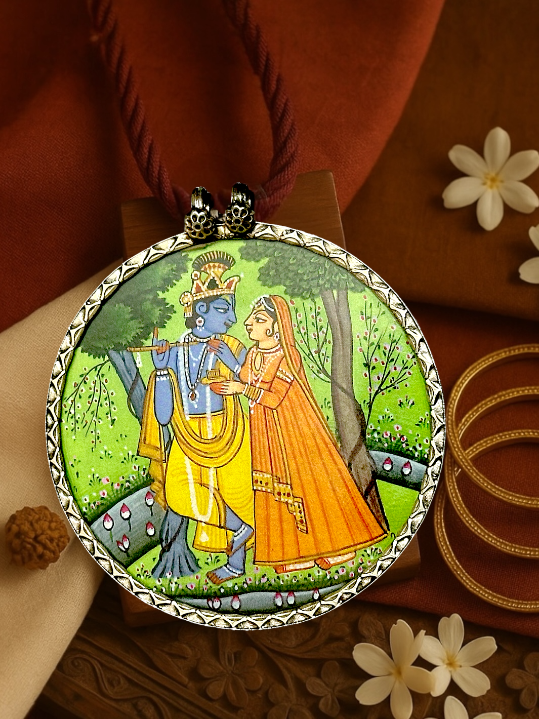 Radha Krishna Hand Painted Silver Pendant