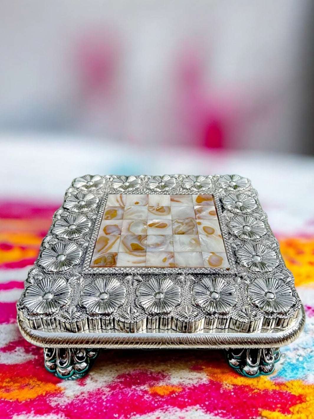 Pure Silver Mother of Pearl Antique Finish Chowki