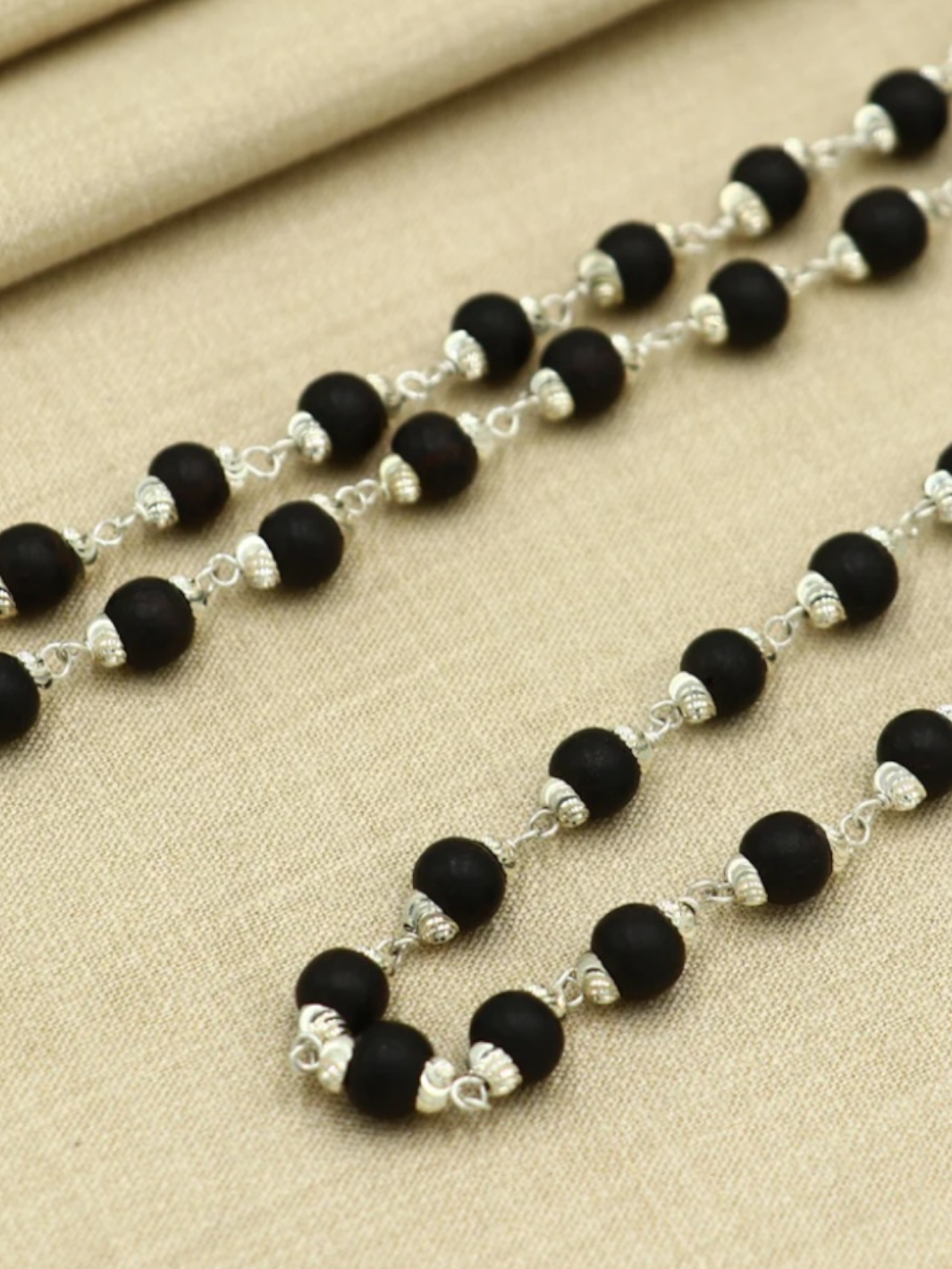 Natural Karungali (ebony wood) Pure Silver Japa Mala/ Chain