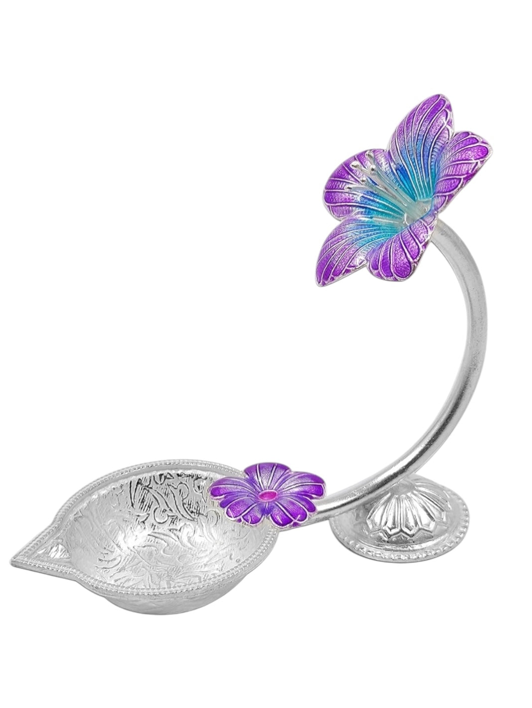 Pure Silver Antique Diya with Purple Colour Enamel & Hibiscus Flower Shape Design