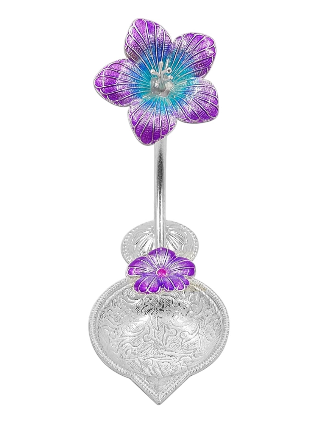 Pure Silver Antique Diya with Purple Colour Enamel & Hibiscus Flower Shape Design