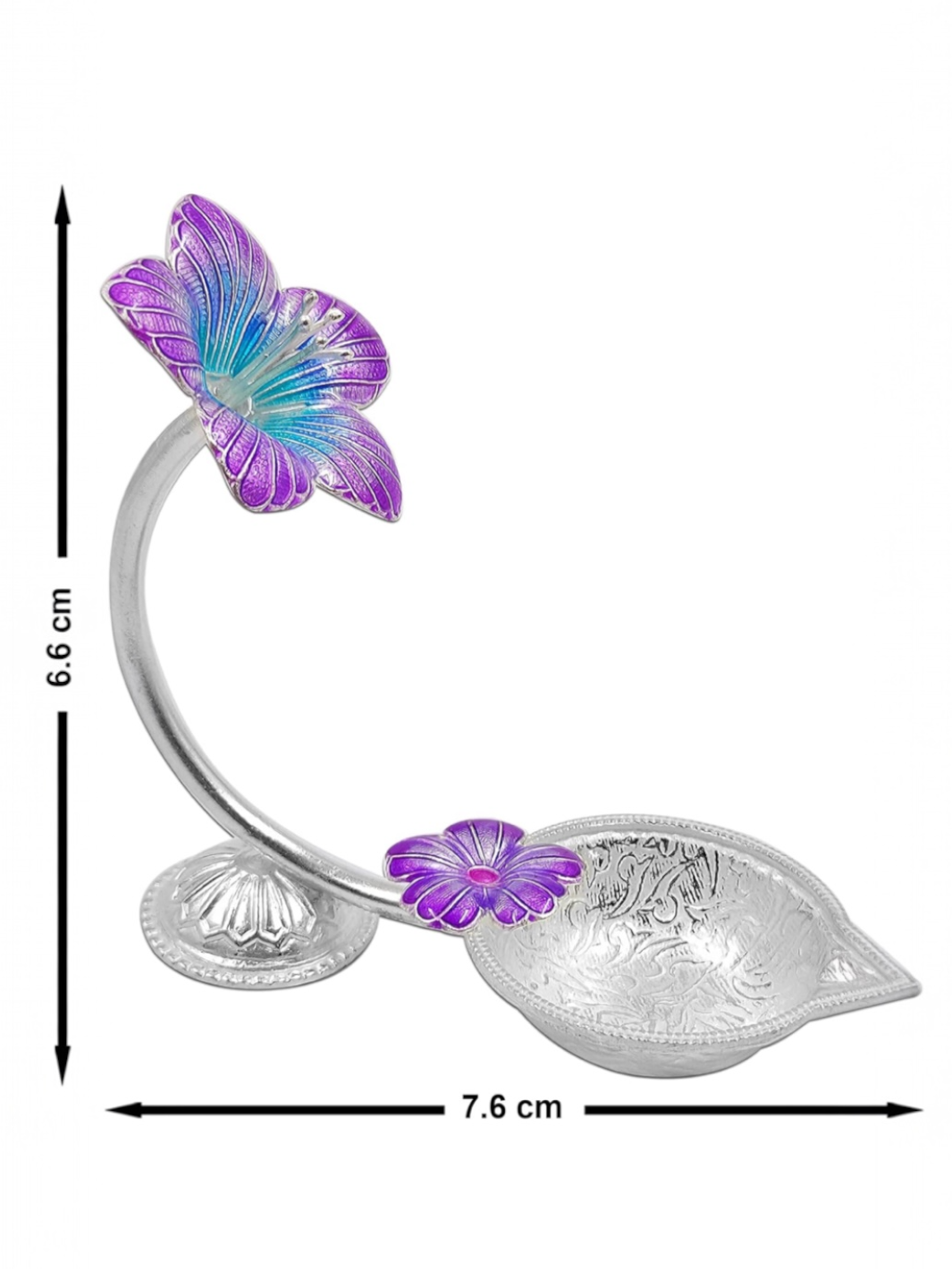 Pure Silver Antique Diya with Purple Colour Enamel & Hibiscus Flower Shape Design
