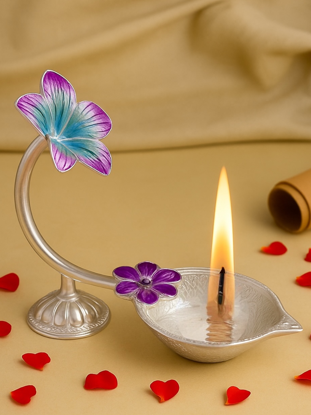 Pure Silver Antique Diya with Purple Colour Enamel & Hibiscus Flower Shape Design