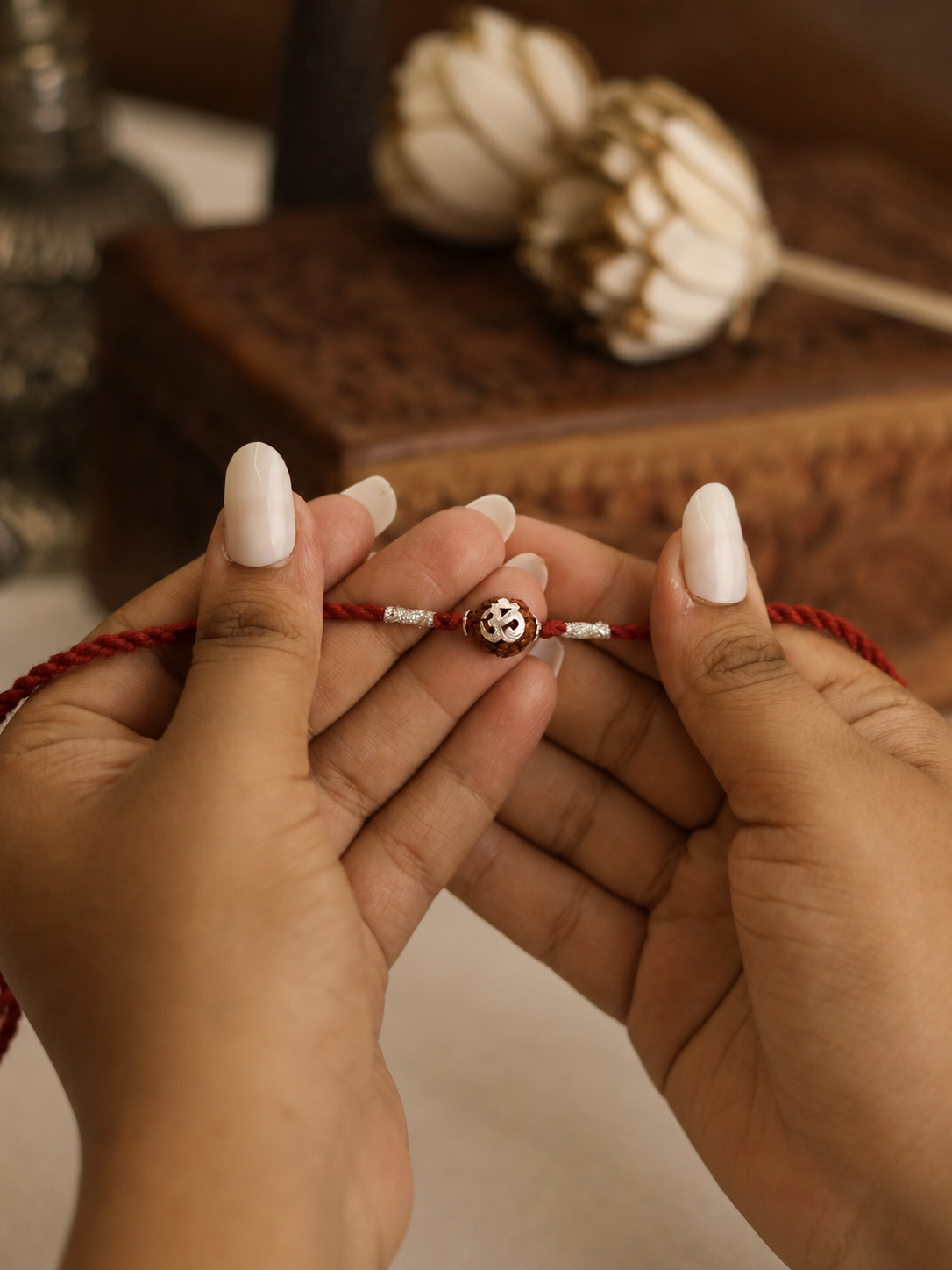 OM on Rudraksha Luxury Silver 92.5 Bhai Rakhi