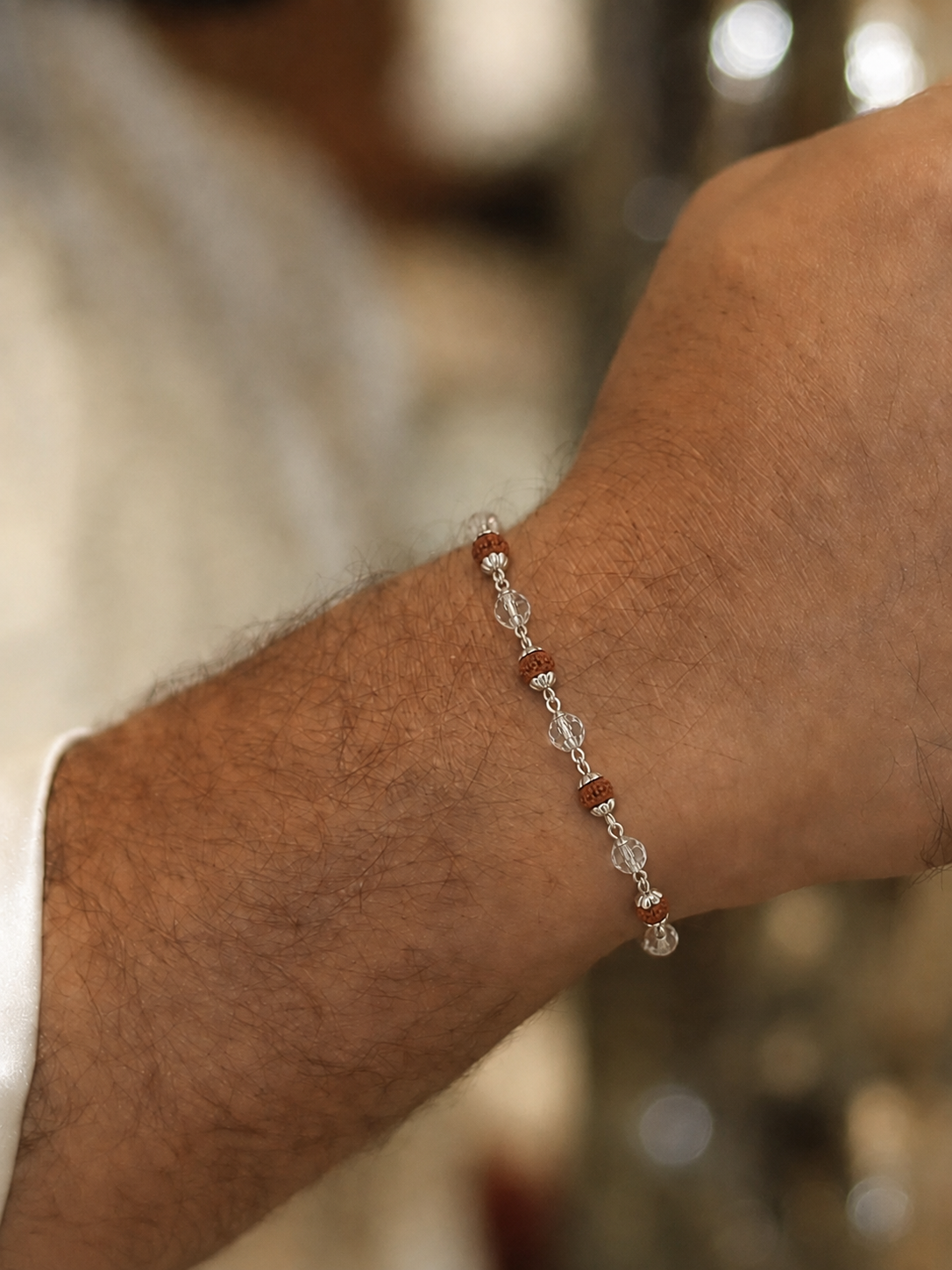 Rudraksha with Sphatik Diamond Cut Beads Silver Bracelet