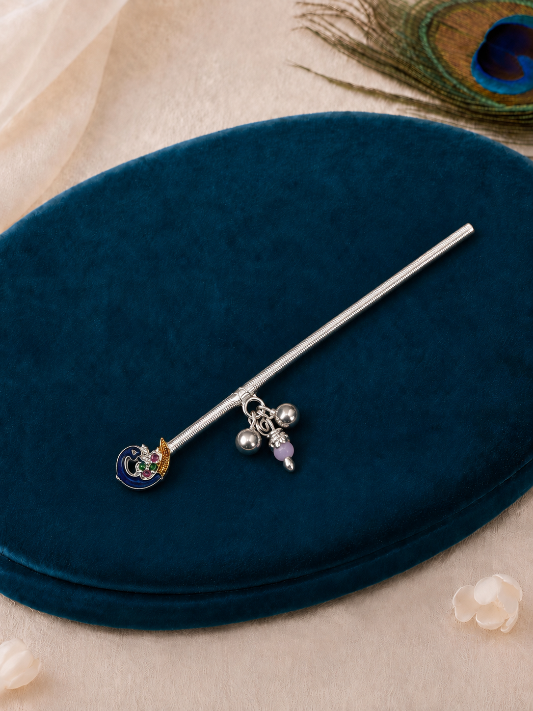 Peacock Motif Pure Silver Bansuri with Ghungroo