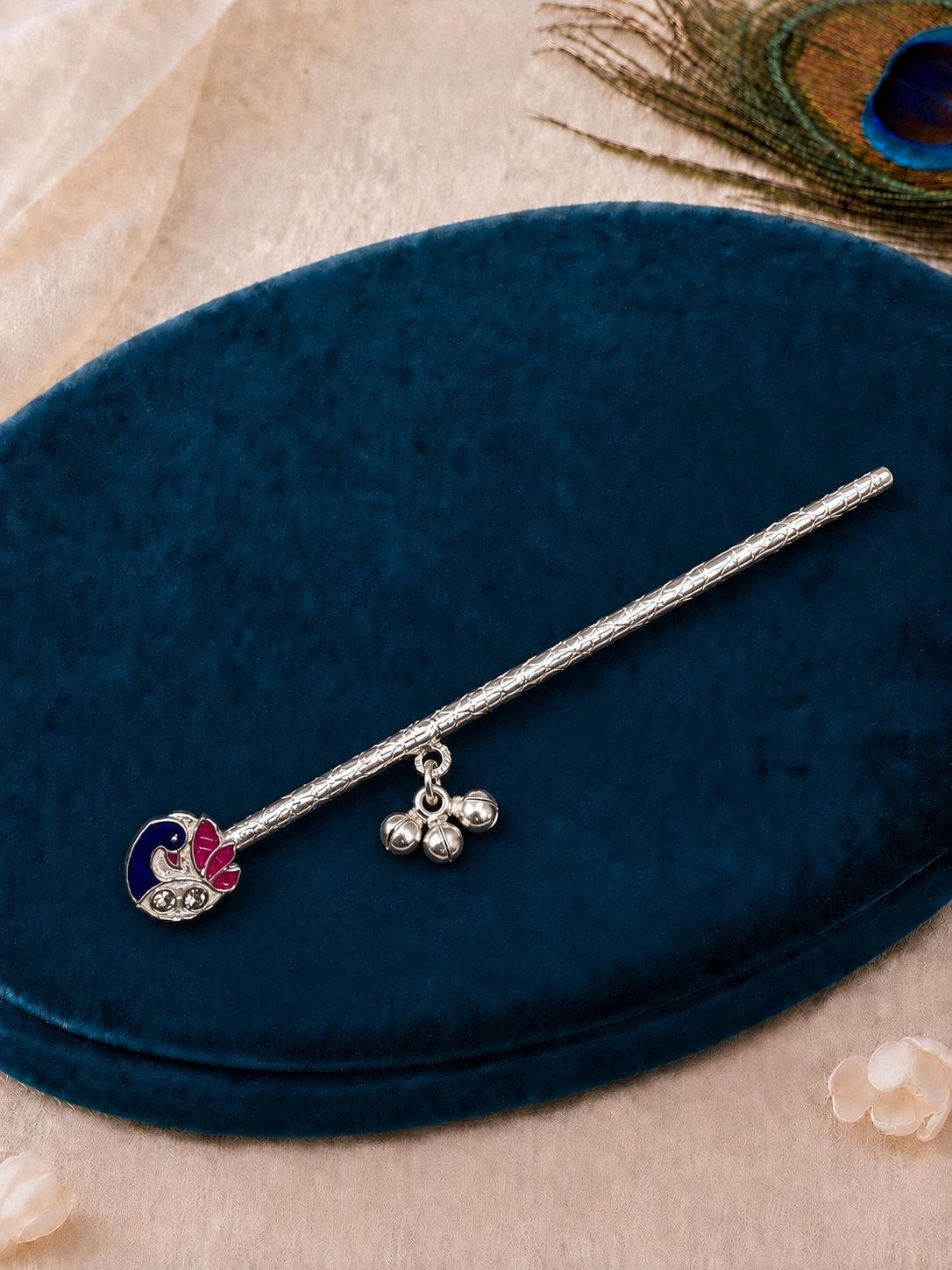 Peacock Enamel Ghungroo Pure Silver Bansuri/ Flute