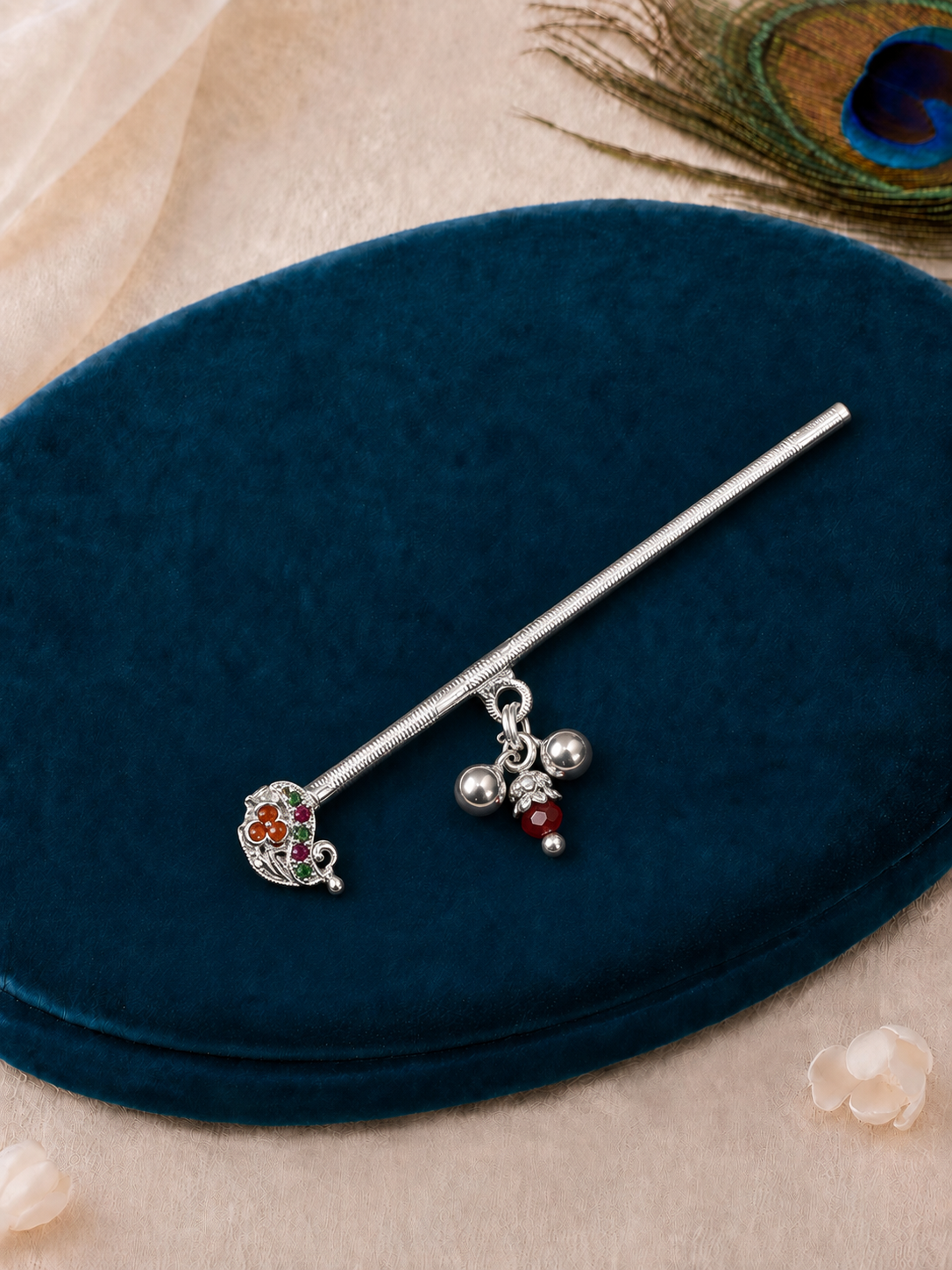 Paan-Shaped Floral Ghungroo Pure Silver Bansuri/ Flute
